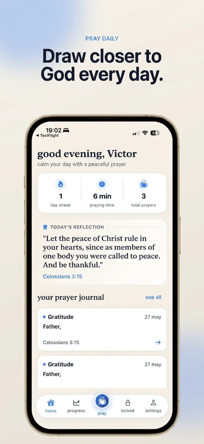 Faithlocked home screen with a daily reflection and prayer journal