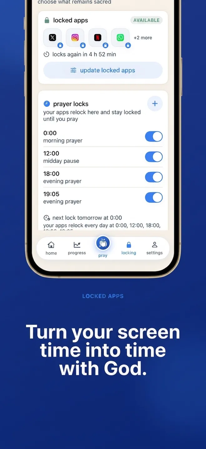 Faithlocked schedule showing selected locked apps and daily prayer times