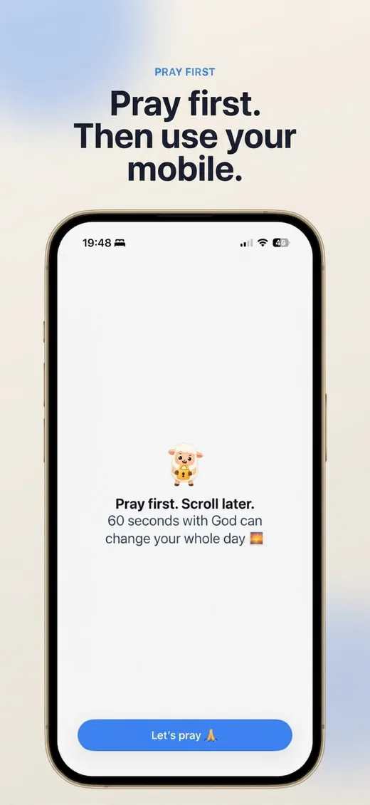 Faithlocked app showing a prayer prompt before distracting apps can be opened
